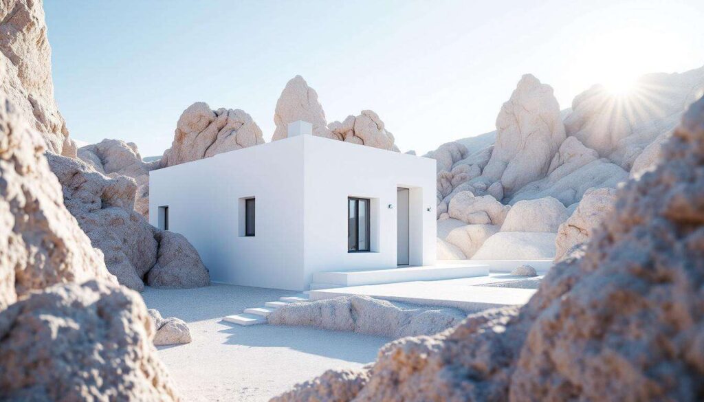Questa casa tutta bianca è un omaggio al minimalismo che accoglie la luce in una cornice di pietra naturale
