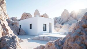 Questa casa tutta bianca è un omaggio al minimalismo che accoglie la luce in una cornice di pietra naturale