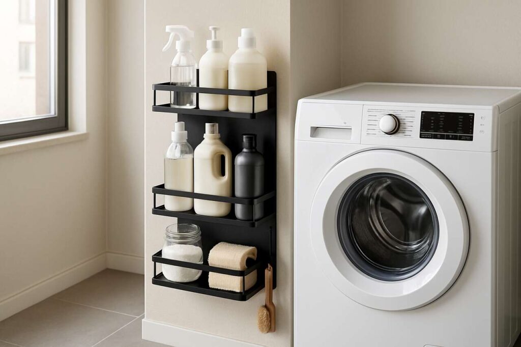 Come sfruttare i 5 cm accanto alla lavatrice con un ripiano magnetico (senza forare)